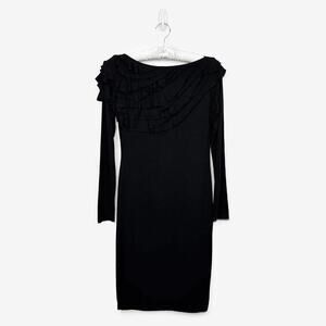 Isabel De Pedro Long Sleeve Ruffle Dress Size 12 Black Evening Noir Quiet Luxury